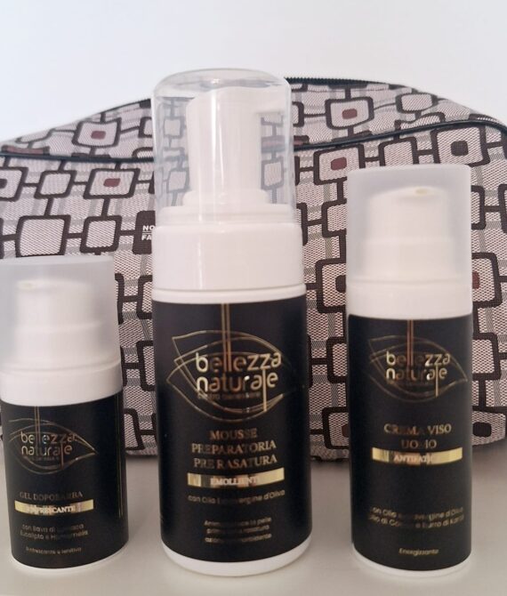 Set Viso Uomo Antifatica – Crema, Mousse Pre-Rasatura e Gel Dopobarba | 100% Naturale + POCHETTE